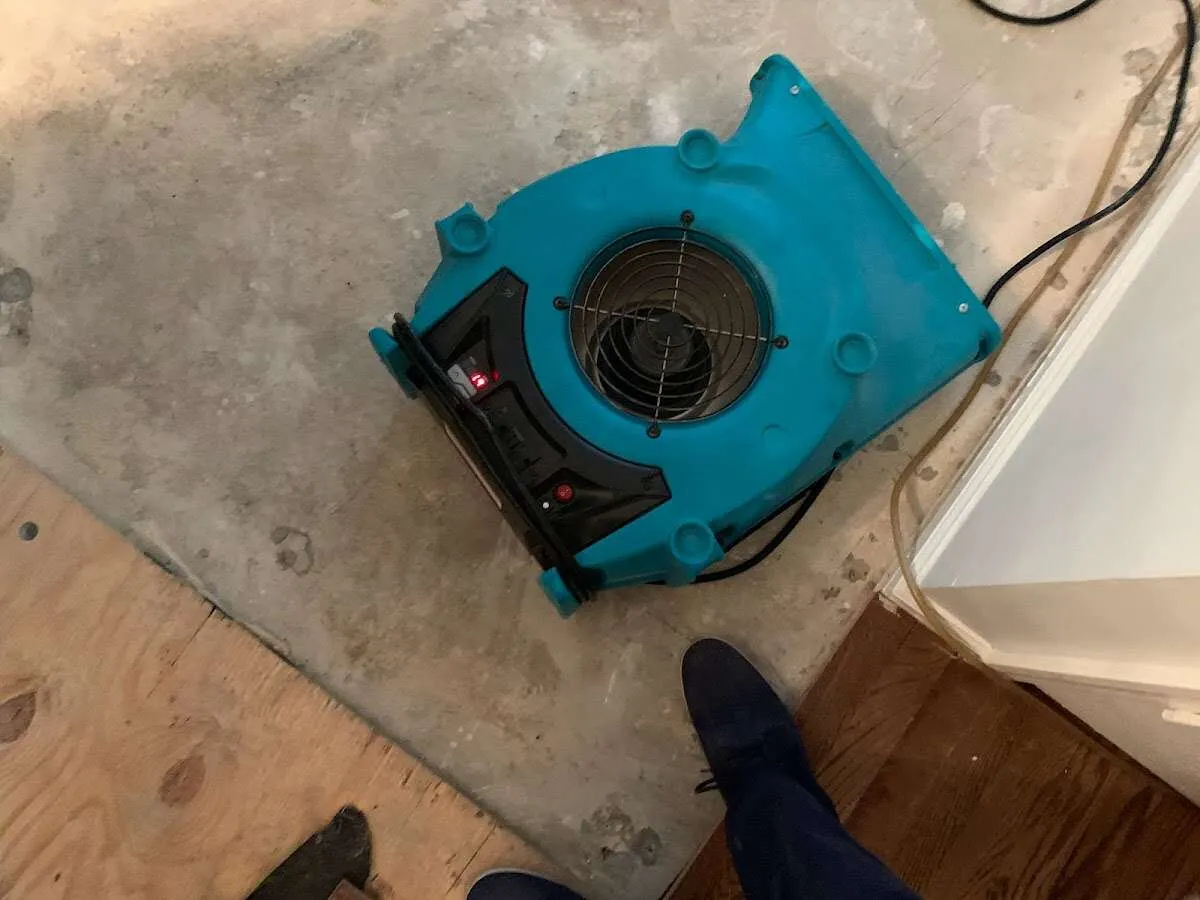 Air mover drying subfloor during Commercial Water Damage Restoration in Mehlville